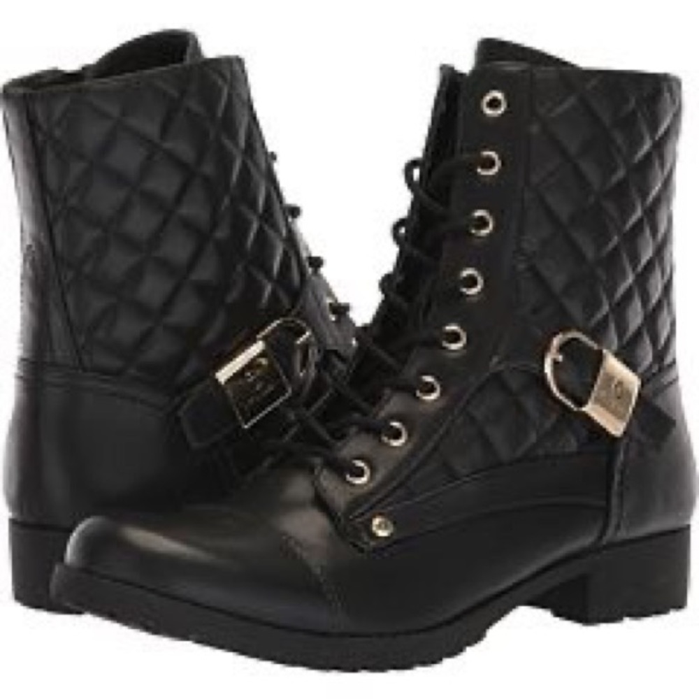 G by GUESS Black Gold buckle quilted combat boots